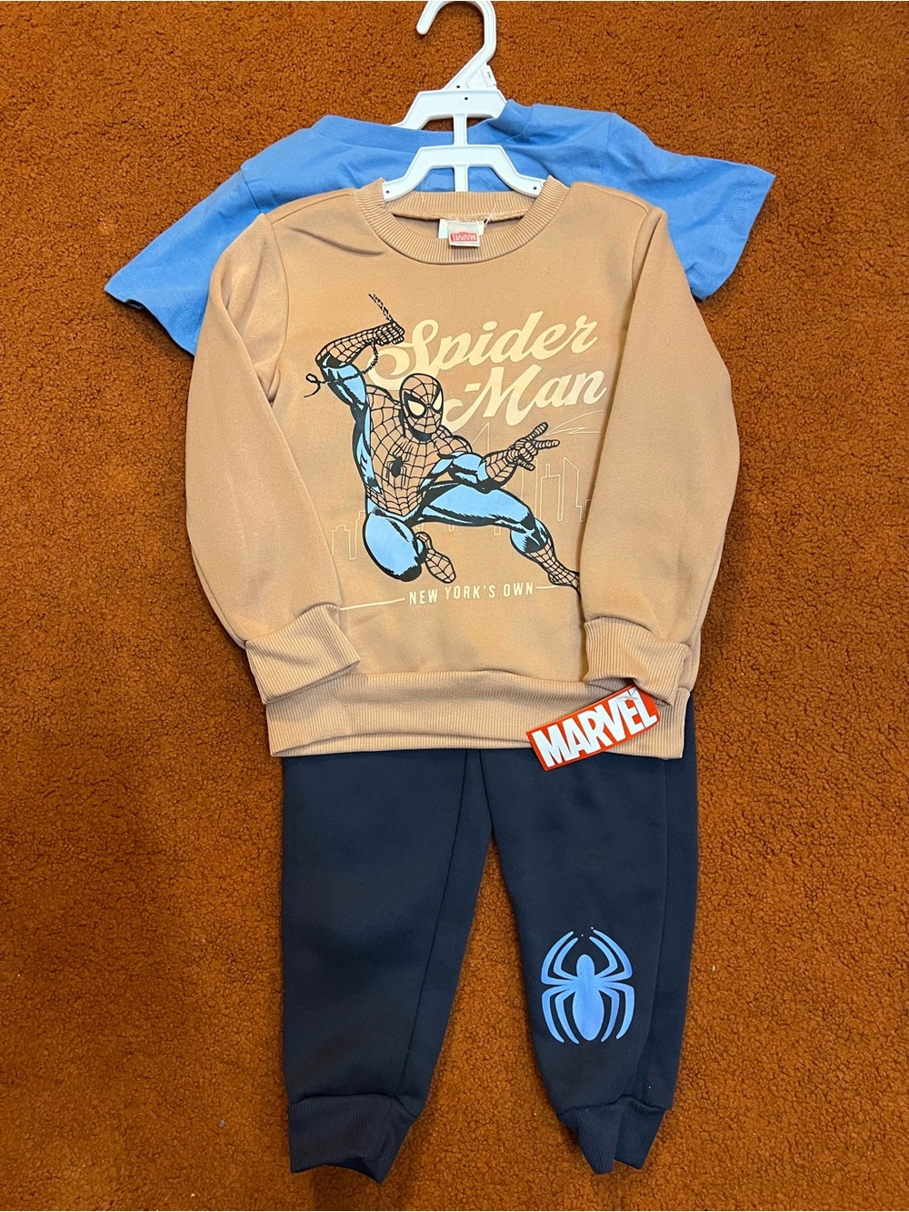 Marvel Kids Tan and Blue Spider-Man Sweatshirt Set with Black Joggers